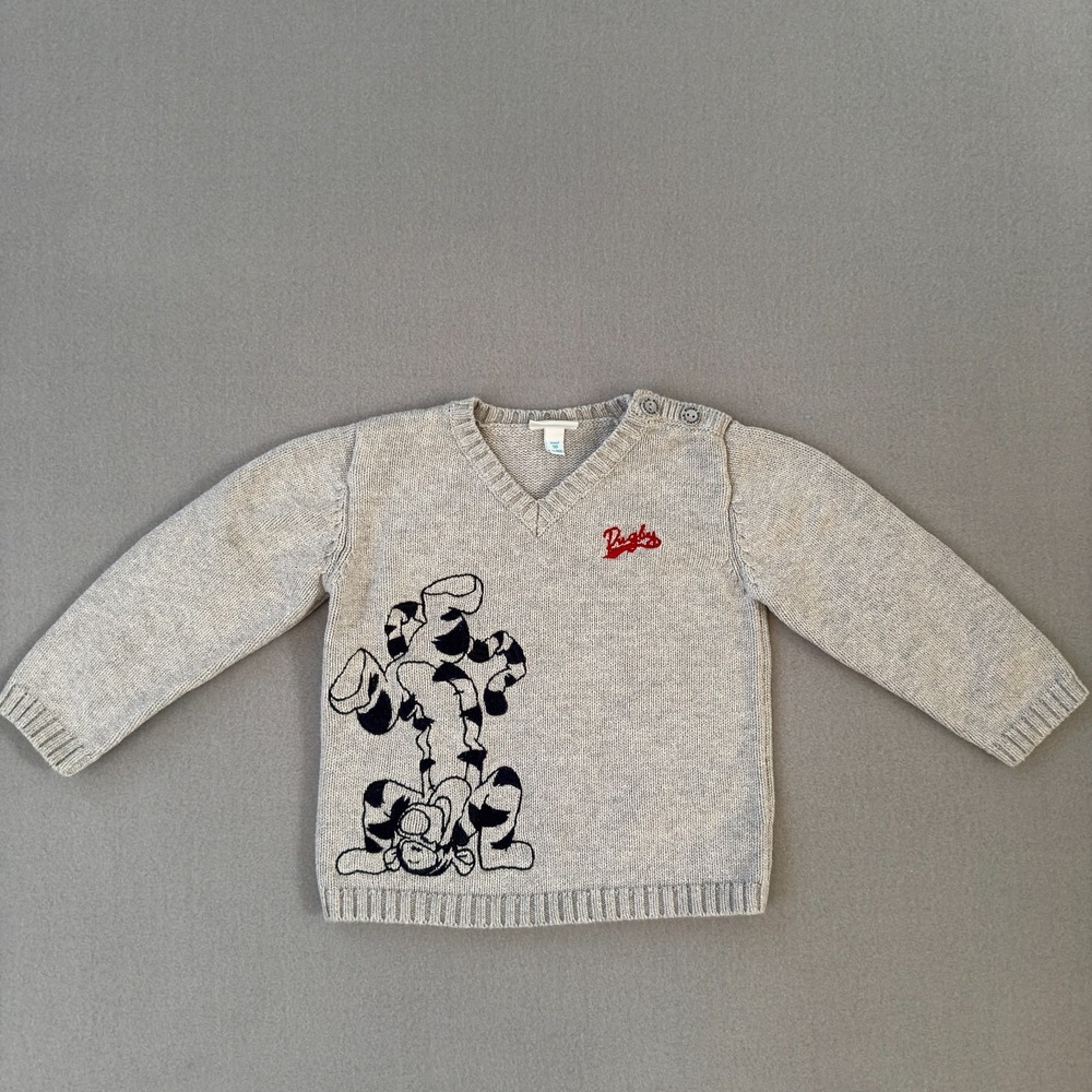 DISNEY Baby Tigger Size 18M V-neck Gray Knit Cotton Sweater Elbow Patch